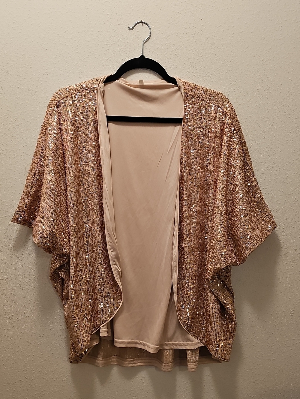 Sequin Open Front Kimono Cardigan in Blush